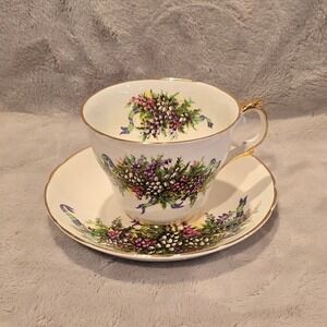 Vintage Regency Bone China Teacup Saucer Heather Tartan Floral England Gold Trim